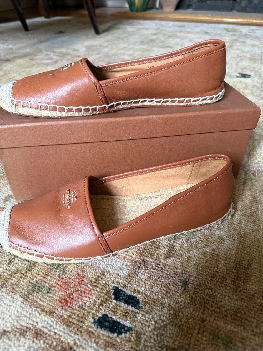 Coach Saddle Brown Leather Espadrille Flats with Gold Logo - Picture 2 of 8